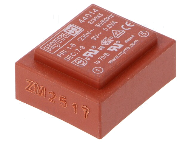 Transformator: ingegoten; 0,6VA; 230VAC; 9V; 66mA; PCB Transformator: ingegoten; 0,6VA; 230VAC; 9V; 66mA; PCB
